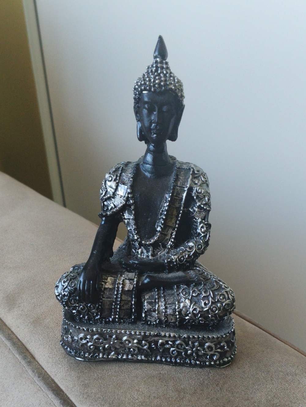 Decorative Black and Silver Seated Buddha Sculpture